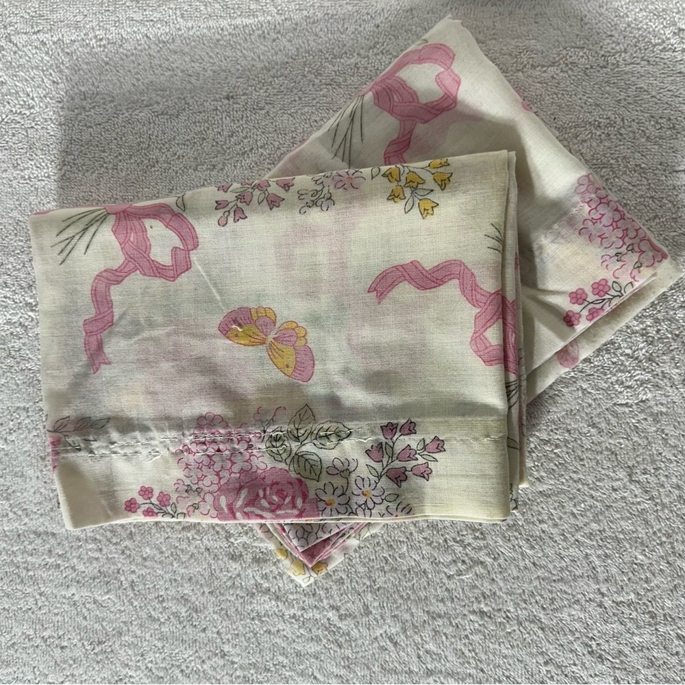Vintage Matching Cream Pink Floral Pillowcases With Butterflies & Bows X2